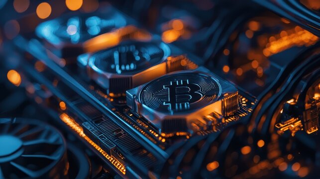 A close-up of a computer CPU with a Bitcoin symbol on it.