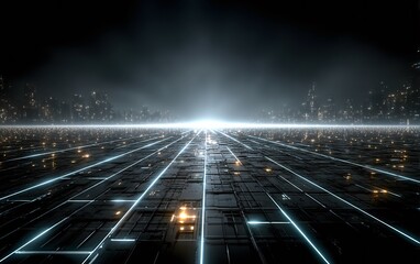 Vibrant night cityscape featuring virtual reality grid background with illuminated urban landscape