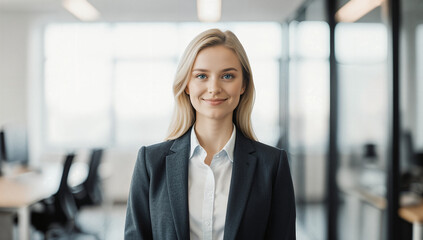 A woman stands confidently in a contemporary office setting, dressed in formal business attire. Bright natural light fills the space, highlighting her poised demeanor