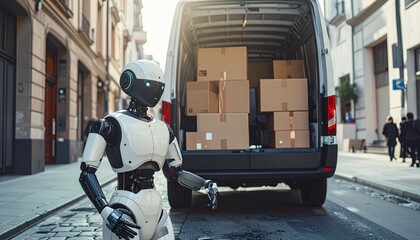 Humanoid Robot Loading Delivery Van Urban Street Scene