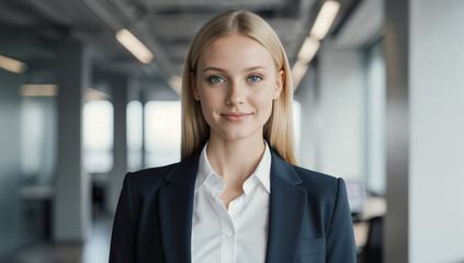 A confident woman dressed in a suit stands in a modern office. She smiles while posing for a portrait, illuminated by natural light from large windows, showcasing a professional atmosphere