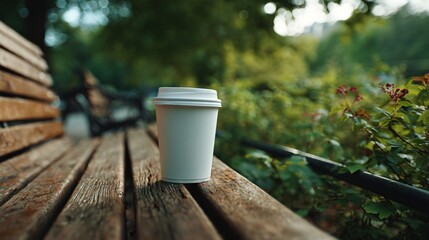 White disposable cup sits on a wooden bench in a park setting.