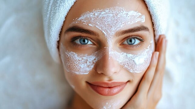 A woman with a towel on her head, wearing a white top, lying on a white sheet. The woman has blue eyes and is smiling. The background is white and plain.
