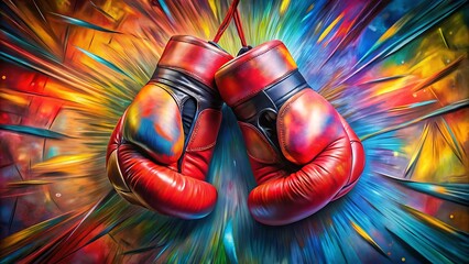 Fiery red boxing gloves against a vibrant and energetic abstract background
