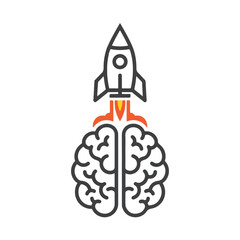 Rocket launching from brain symbolizes creative ideas taking off, representing innovation and problemsolving with a modern and minimalist aesthetic.