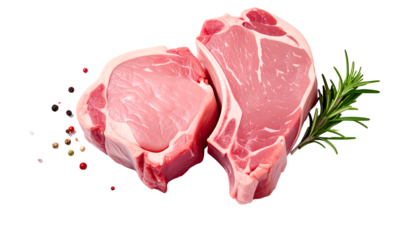 Two raw pork chops, peppercorns and a sprig of rosemary, food photography, close up shot on transparent background