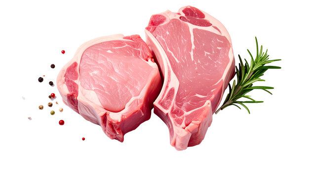 Two raw pork chops, peppercorns and a sprig of rosemary, food photography, close up shot on transparent background - Powered by Adobe