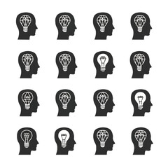 Human heads displaying light bulbs representing different ideas and concepts on a white surface, symbolizing innovation and creativity.