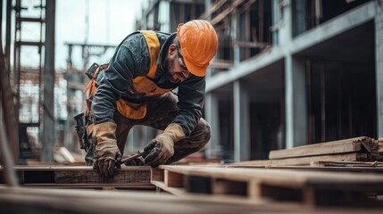 A construction worker using a hammer and nail to build a wooden structure. 