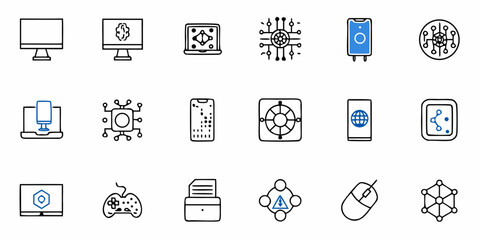 Fototapeta premium Modern tech icons showcase connectivity and devices, perfect for UI design, app development, and digital marketing, representing technology and innovation in a clean and simple style