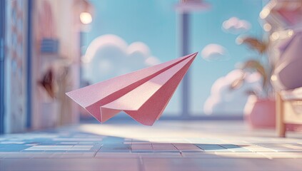 Pastel paper airplane in a dreamy interior