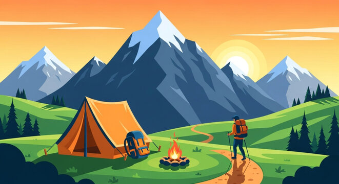 Camping scene with tent, campfire, and hiker in a mountain landscape, a peaceful and adventurous illustration for outdoor enthusiasts