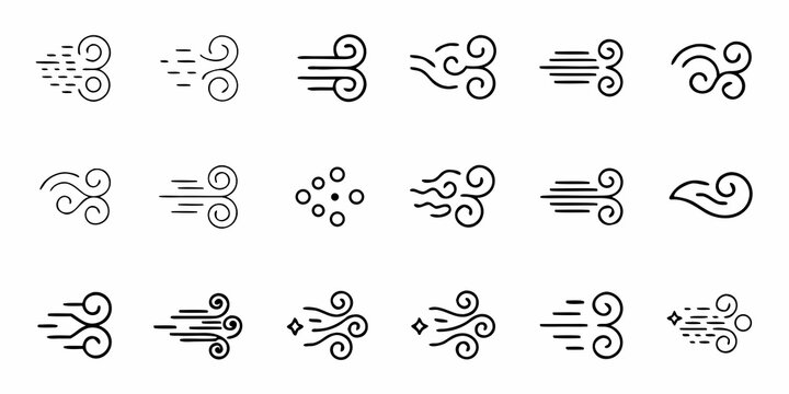 Dynamic line art collection of stylized wind swirls and gusts, perfect for weather apps or nature themed designs, conveying breezy and airy concepts in a modern simple style