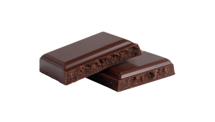 Two pieces of dark chocolate, one slightly overlapping the other, on a white background, cutout