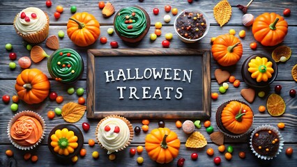 A festive halloween display with decorated treats and a chalkboard sign