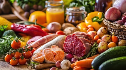 A variety of fresh produce and meats on a wooden table.