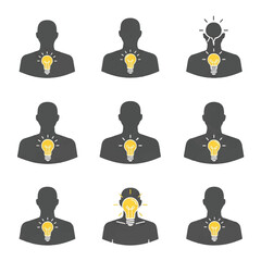 Silhouetted figures represent ideas with glowing lightbulbs in their chests, symbolizing innovation and creative thinking on a clean white backdrop.