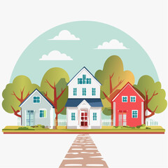 Fototapeta premium Modern construction design featuring a house with red roof, trees, and a chimney, showcasing residential construction and architectural elements