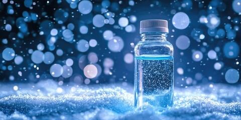 A transparent glass bottle filled with a blue liquid, standing on a snowy surface with a bokeh effect in the background.