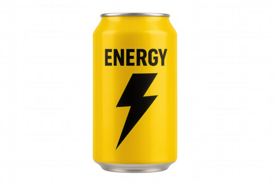 Yellow energy drink can with lightning bolt symbol on transparent background providing refreshment and stimulant