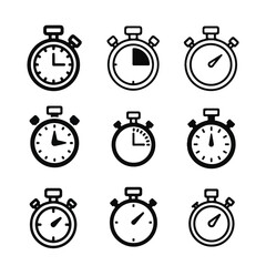 Stopwatch collection showing various times isolated on white, representing time management and deadlines with a minimalist aesthetic.