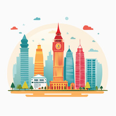 Obraz premium Colorful illustration of modern and historic construction in a city skyline with skyscrapers and Big Ben, evoking urban development and architectural diversity