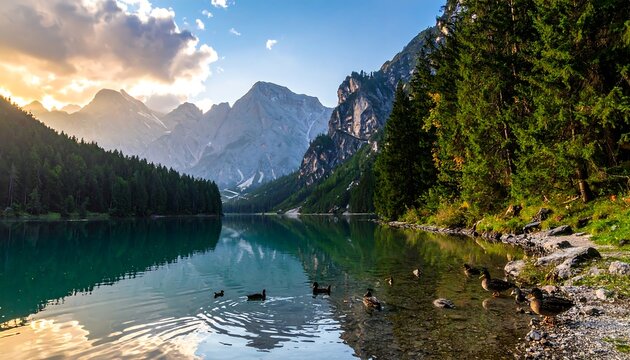 Scenic mountain vista reflected on a calm lake with ducks - Powered by Adobe