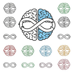 Brain displays infinity symbol representing continuous learning and growth on white backdrop, symbolizing knowledge and intelligence.