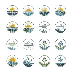 Renewable energy sources powering sustainable future with solar panels, wind turbines, and water waves in circular frames, promoting ecofriendly solutions and environmental awareness.