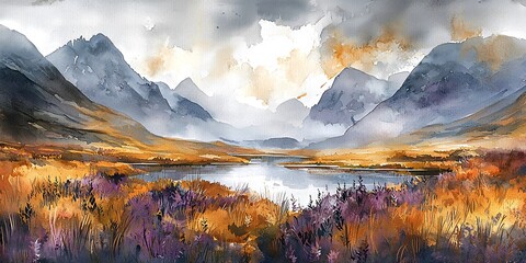 Stunning painting of a mountain lake surrounded by lush greenery and dramatic cloudy skies