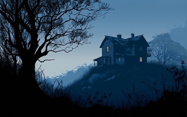Eerie silhouette of an old house nestled amongst trees in a moody and darkened landscape