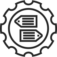 Black Outline Gear Cog Symbol Surrounding Two Digital Tag Icons Representing SEO Service Concepts On Transparent Background