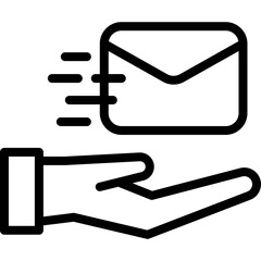 Black outline icon of a hand holding a sending envelope with motion lines on a transparent background representing email delivery or communication