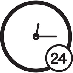 Black Outline Icon of a Clock Face with Twenty Four Hour Service Indicator Isolated on White Background