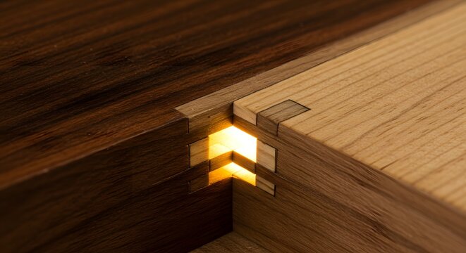 An extreme macro shot captures a master craftsman executing a perfect Japanese tsugite woodworking joint, with interlocking wood emitting a faint internal glow