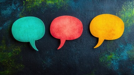 Three colorful speech bubbles on a textured background.