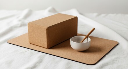 Natural cork yoga block and mat with small ceramic cup and wooden stirrer on white fabric