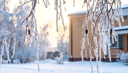 Winter scene with frosty branches and house