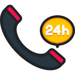 Black telephone receiver icon with red accents next to a yellow speech bubble displaying 24h symbol on a transparent background representing constant customer support and availability