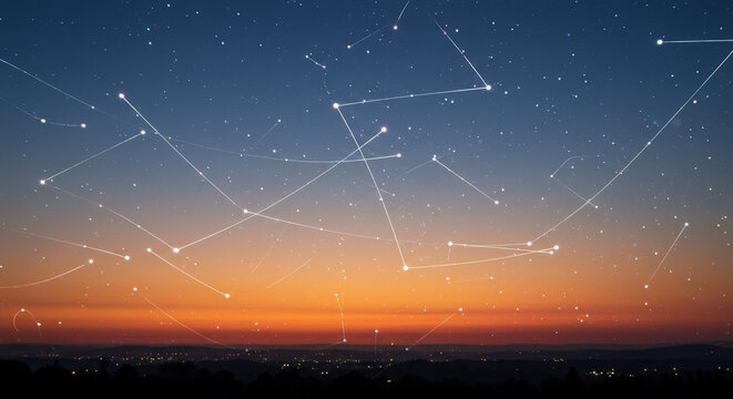 Sunset landscape with night sky constellations mapped as white lines and points above horizon