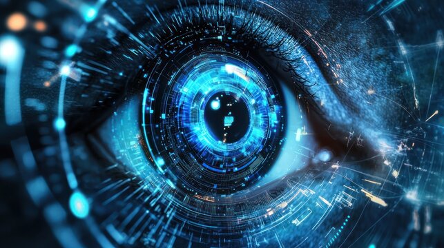 A futuristic eye with a digital interface and glowing blue light. The concept of technology and cybernetics.