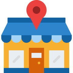 Blue Awning Yellow Storefront Building With Red Location Pin Marker On Top Representing A Business Or Retail Storefront Location With Transparent Background