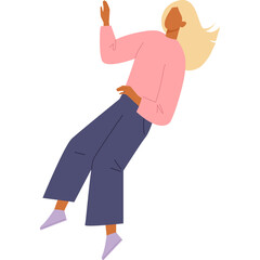 Blonde Woman In Pink Sweater And Blue Pants Floating With Purple Socks And White Background Abstract Concept