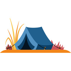 Blue Camping Tent Set Up On Orange Ground With Yellow Grass And Red Bushes In The Daytime Ecology Outline Illustration