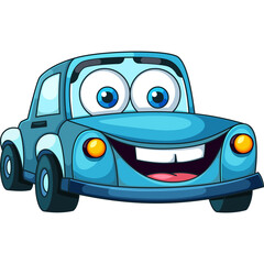 Blue Cartoon Car Character with Big Eyes and Wide Smile Isolated on Transparent Background