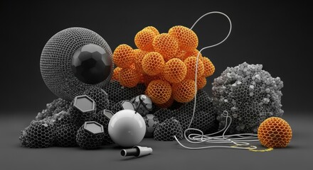 Surreal still life arrangement of organic and geometric forms with a vibrant orange cluster