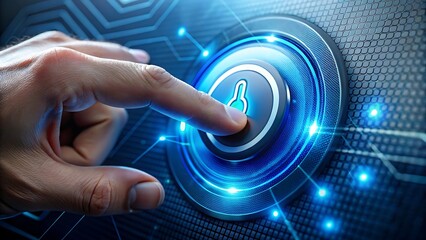 Hand pressing a glowing blue lock button on digital circuit board