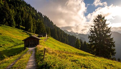 Lush green hillside with wooden huts, path, trees, and partly cloudy sky