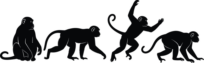 Set of four black monkey silhouettes in dynamic poses showing sitting, walking, leaping, and crouching movement progression