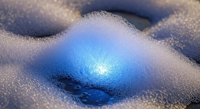 Close up of a glowing blue light source submerged in soft white soapy bubbles creating a dreamy ethereal atmosphere